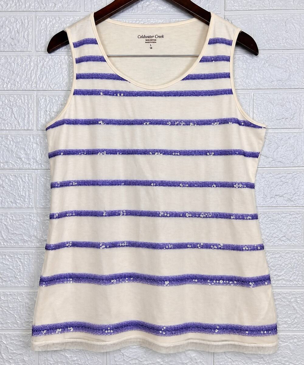 Coldwater Creek Ivory Purple Sequin Stripe Mesh Tank Top